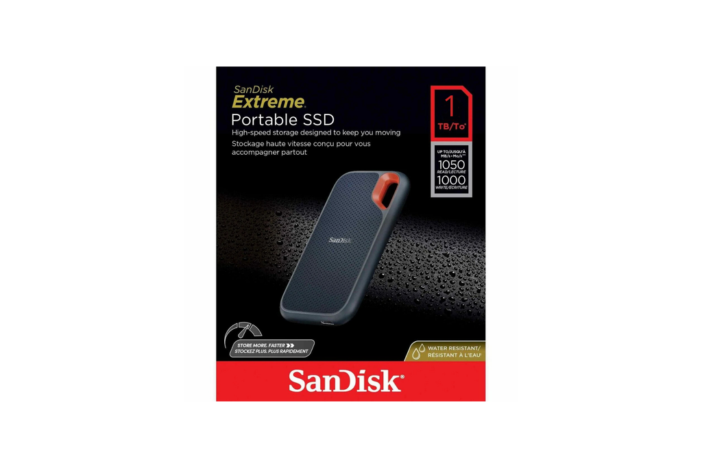SanDisk Extreme Portable SSD 1 TB (taşınabilir NVMe SSD, USB-C, 1.050 MB/sn'ye kadar okuma hızı ve 1.000 MB/s yazma hızı, su ve toza dayanıklı) SDSSDE61-1T00-G25