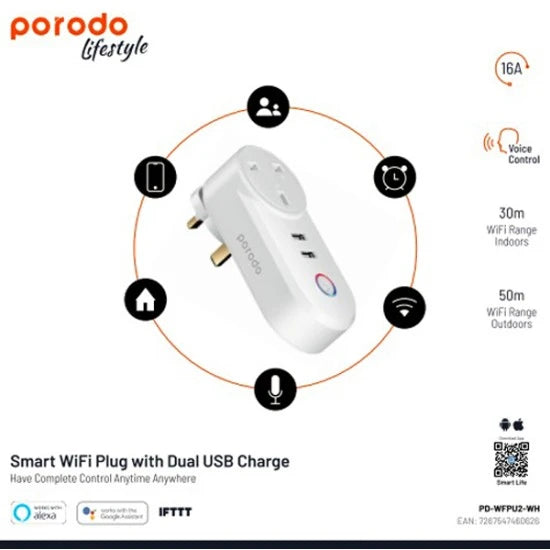 Porodo Lifestyle 16A Smart WiFi Plug with Dual USB Charge