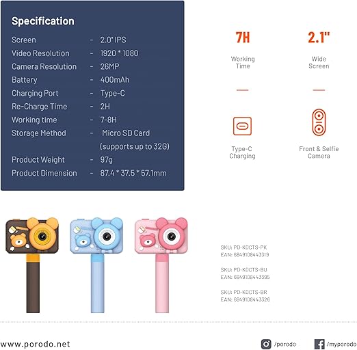 Porodo Kids Digital Camera With Tripod Stand: 26MP Camera Resolution, Front & Selfie Camera, 4-5H Working Time, 2H Recharge Time, 400mAh Battery, 2.0" IPS Screen