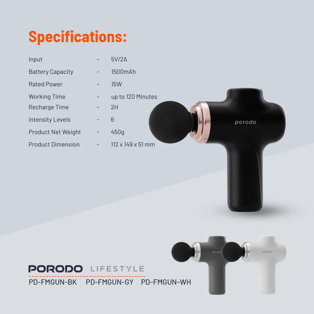 Porodo Lifestyle Precision El Tipi Masaj Aleti 4 Değiştirilebilir Başlıklı