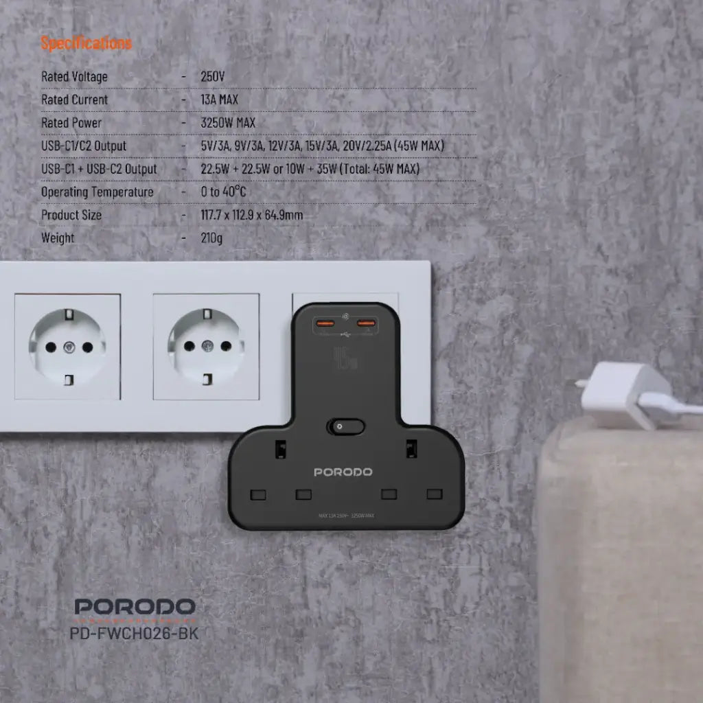 Porodo Çok Portlu Duvar Prizi 45W