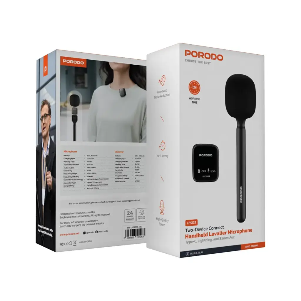 porodo-i̇ki-cihaz-baglantili-el-tipi-yaka-mikrofonu-porodo-lfs133-2-in-1-dual-device-wireless-lavalier-microphone