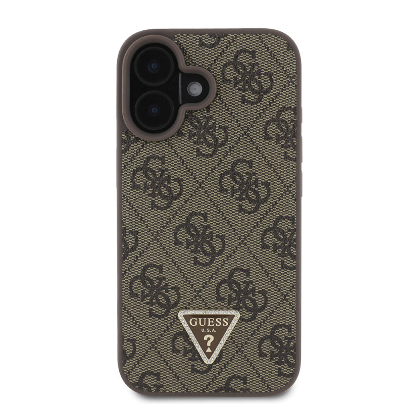 Apple iPhone 16 Kılıf Guess Orjinal Lisanslı PU Deri Taşlı Üçgen Logo 4G Desenli Strass Kapak