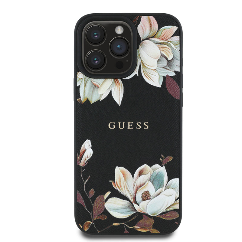 apple-iphone-16-pro-kilif-guess-orjinal-lisansli-magsafe-sarj-ozellikli-taneli-cicek-tasarimli-metal-yazi-logolu-kapak