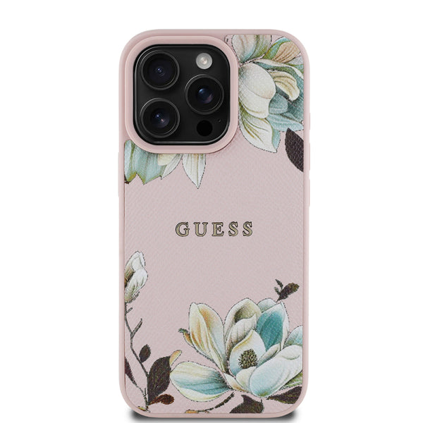 Apple iPhone 16 Pro Kılıf Guess Orjinal Lisanslı Magsafe Şarj Özellikli Taneli Çiçek Tasarımlı Metal Yazı Logolu Kapak