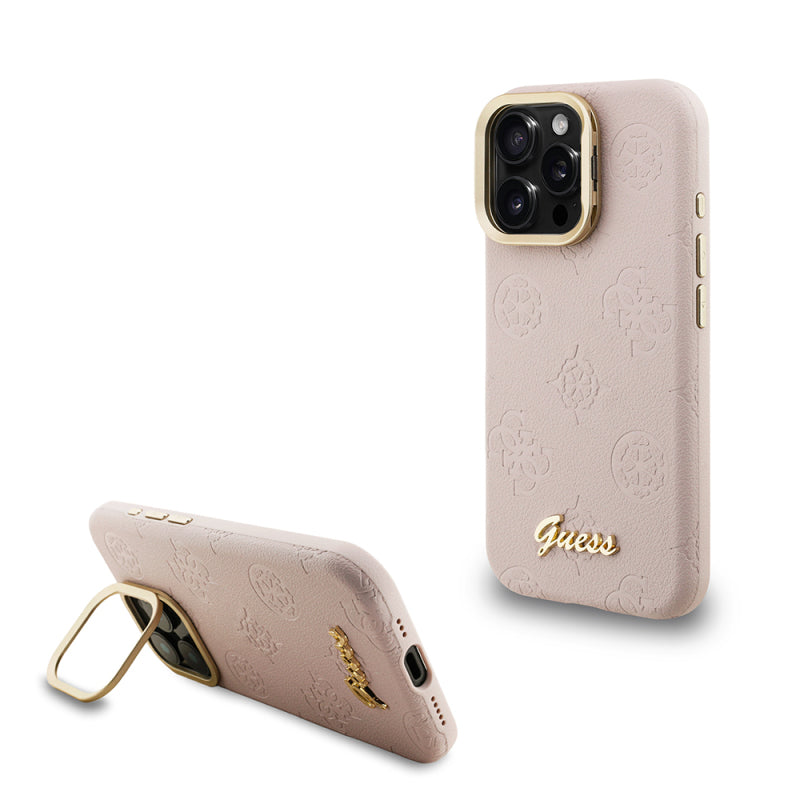 Apple iPhone 16 Pro Max Kılıf Guess Orjinal Lisanslı M-safe Şarj Özellikli Sıcak Baskılı Yazı Logolu Kamera Standlı PU Deri Peony Kapak