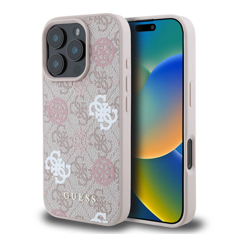 Apple iPhone 16 Pro Max Kılıf Guess Orjinal Lisanslı M-safe Şarj Özellikli 4G Desenli Yazı Logolu Peony Kapak