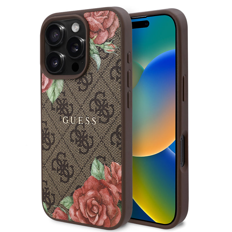 Apple iPhone 16 Pro Max Kılıf Guess Orjinal Lisanslı Magsafe Şarj Özellikli Gül Baskılı 4G Desenli Yazı Logolu Kapak