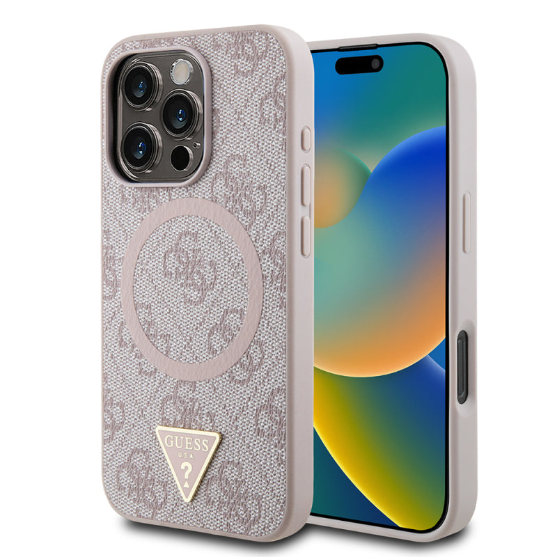 Apple iPhone 16 Pro Max Kılıf Guess Orjinal Lisanslı M-safe Şarj Özellikli PU Üçgen Logo 4G Desenli Kapak