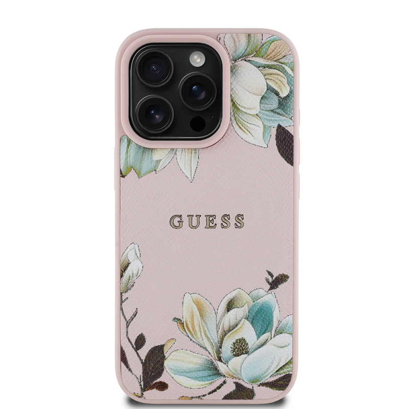apple-iphone-16-pro-max-kilif-guess-orjinal-lisansli-magsafe-sarj-ozellikli-taneli-cicek-tasarimli-metal-yazi-logolu-kapak