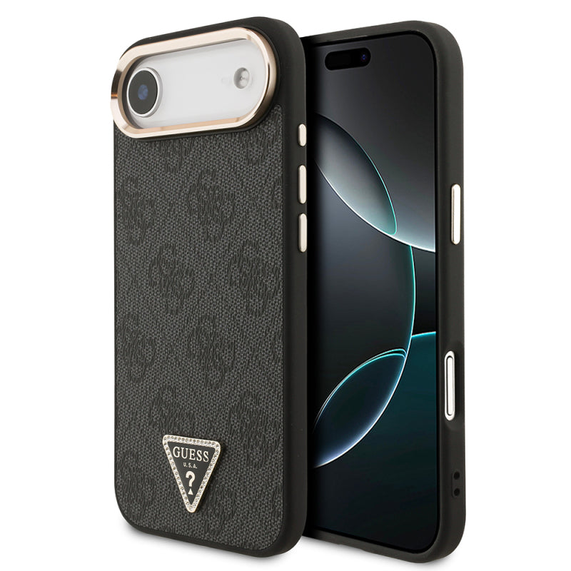 Apple iPhone 17 Air Kılıf Guess Orjinal Lisanslı M-safe Şarj Özellikli Gold Metal Kamera Çerçeveli Taşlı Üçgen Logo 4G Desenli Kapak