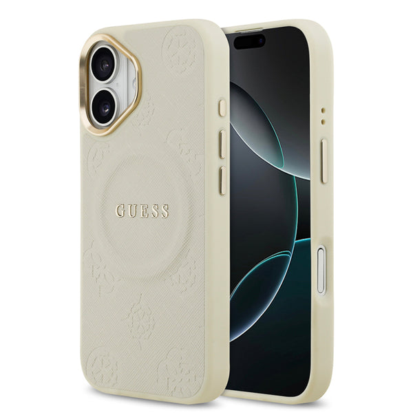 Apple iPhone 17 Kılıf Guess Orjinal Lisanslı M-safe Şarj Özellikli Sıcak Baskılı Yazı Logolu PU Deri Peony Kapak