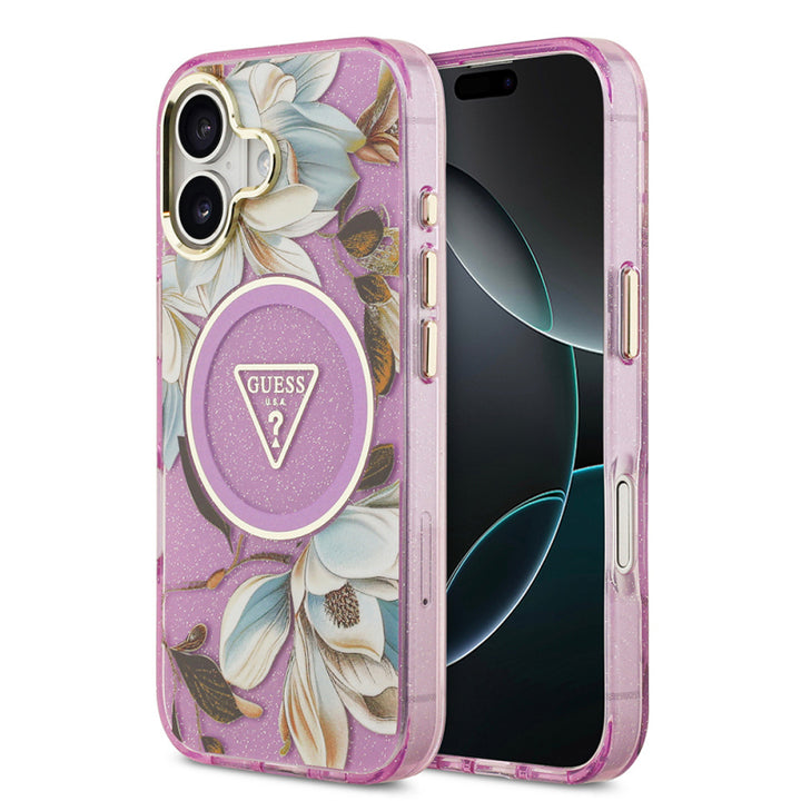 Apple iPhone 17 Kılıf Guess Orjinal Lisanslı M-safe Şarj Özellikli Simli Çiçek Desenli Metal Kamera Çerçeveli Üçgen Logolu Kapak
