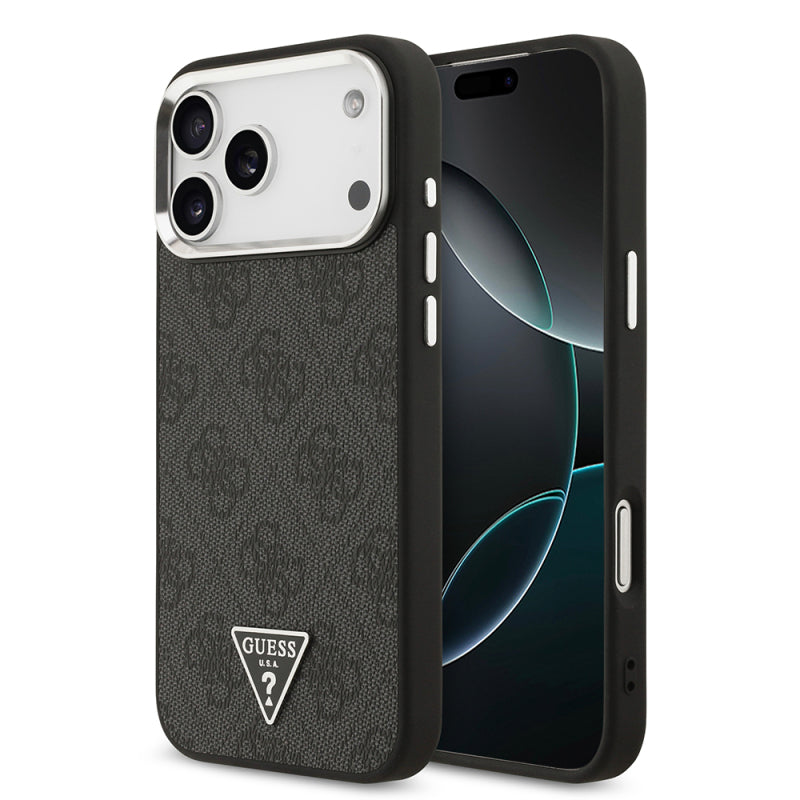 apple-iphone-17-pro-max-kilif-guess-orjinal-lisansli-gumus-metal-kamera-cerceveli-tasli-ucgen-logo-4g-desenli-kapak