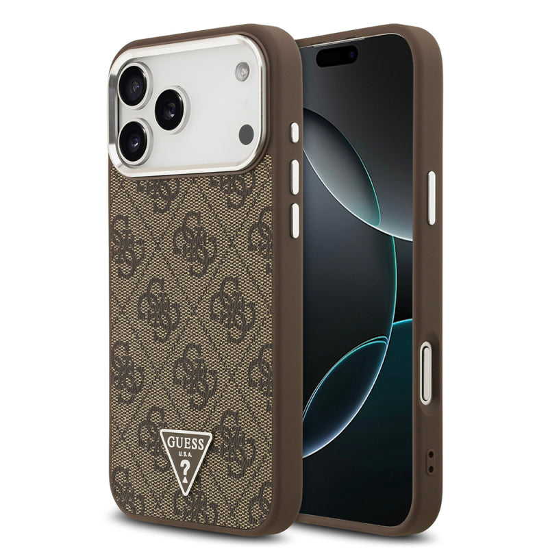 Apple iPhone 17 Pro Max Kılıf Guess Orjinal Lisanslı Gümüş Metal Kamera Çerçeveli Taşlı Üçgen Logo 4G Desenli Kapak