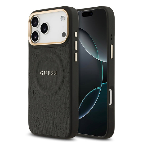 Apple iPhone 17 Pro Max Case Guess Original Licensed M-safe Charging Feature Hot Stamped Text Logo PU Leather Peony Cover