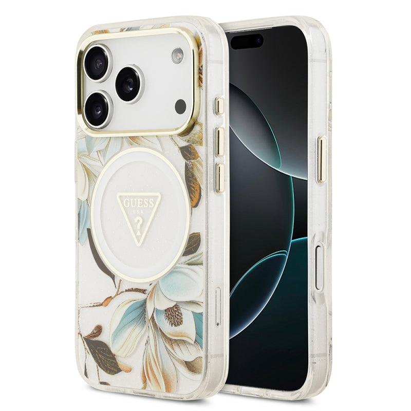 apple-iphone-17-pro-max-kilif-guess-orjinal-lisansli-m-safe-sarj-ozellikli-simli-cicek-desenli-metal-kamera-cerceveli-ucgen-logolu-kapak