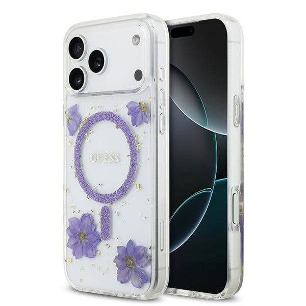 Apple iPhone 17 Pro Max Case Guess Original Licensed M-safe Charging Feature Transparent Resin Flowers Cover