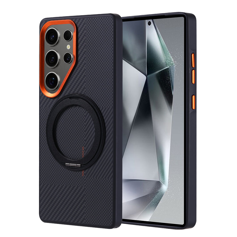Galaxy S25 Ultra Kılıf M-safe Şarj Özellikli Karbon Fiber Görünümlü Zore Standlı Troy Kapak