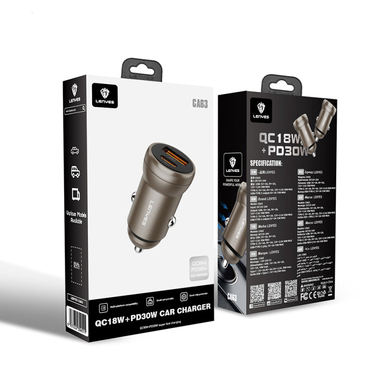 lenyes-ca63-dual-usb-a-type-c-port-pd-car-charger-with-fast-charging-feature-30w