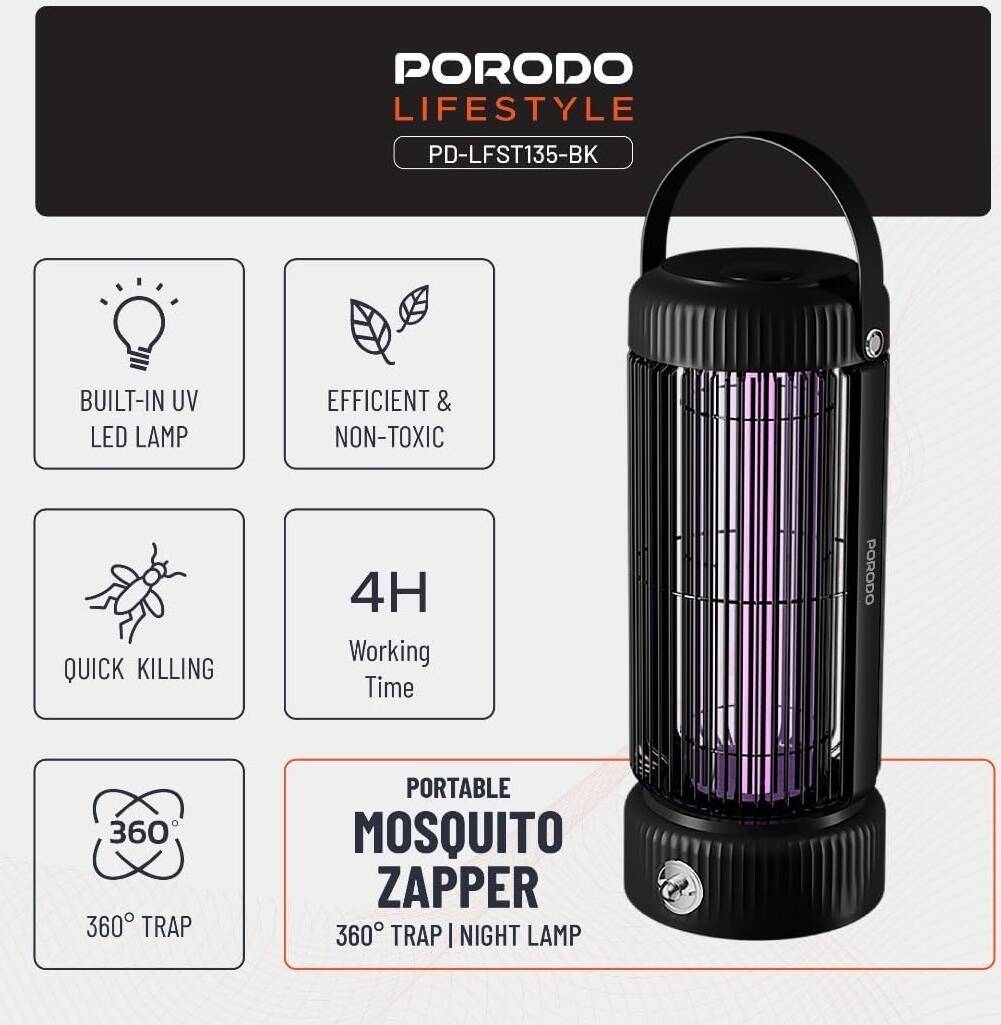 Porodo Taşınabilir UV LED Lambalı Sivrisinek Kovucu, 360 Tuzak ve Gece Lambası, Verimli, Toksik Olmayan, 4 Saat Pil Ömrü, İç ve Dış Mekan Kullanımı için Kompakt ve Taşınabilir