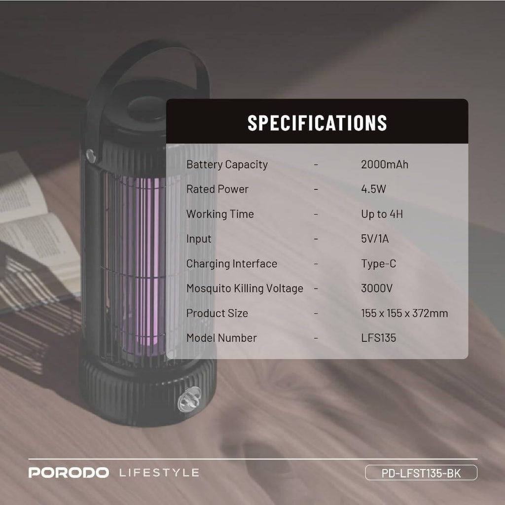 Porodo Taşınabilir UV LED Lambalı Sivrisinek Kovucu, 360 Tuzak ve Gece Lambası, Verimli, Toksik Olmayan, 4 Saat Pil Ömrü, İç ve Dış Mekan Kullanımı için Kompakt ve Taşınabilir