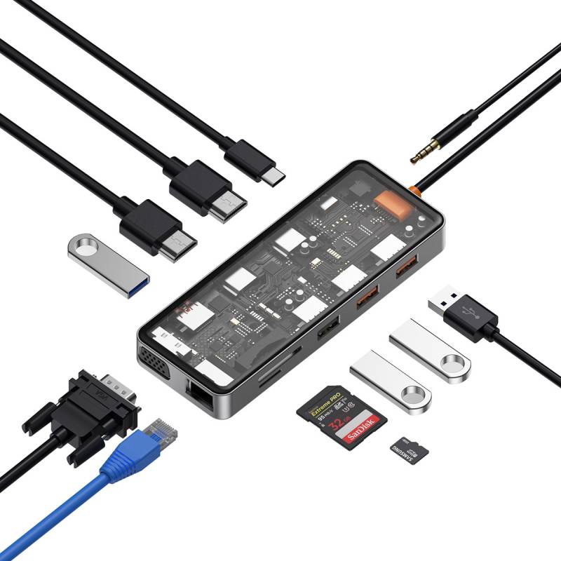 wiwu-cb012-cyber-12-in-1-type-c-hub-100w-sarj-destekli-seffaf-gorunumlu-sd-kart-rj45-hdmi-vga-usb-cogaltici
