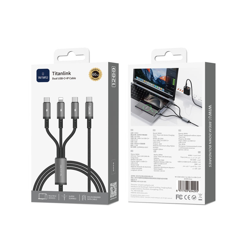 wiwu-wi-c060-titanlink-serisi-3in1-type-c-to-lightning-2xtype-c-orgulu-sarj-ve-data-pd-kablo-60w-1-2m