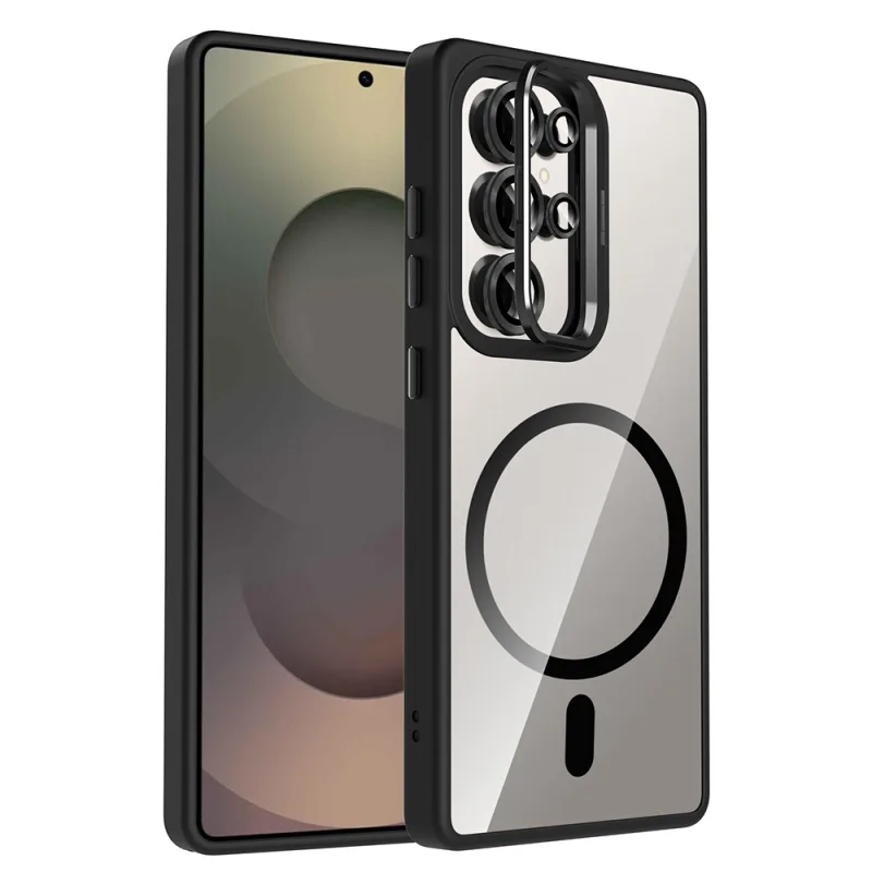 Galaxy S25 Ultra Kılıf Standlı ve Kamera Lens Hediyeli M-Safe Şarj Özellikli Zore Etro Kapak Pembe