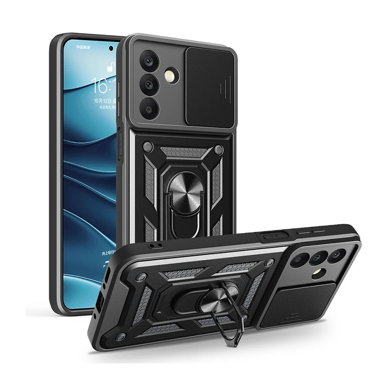 Zore Samsung Galaxy A17 Vega Magnetik Standlı Kamera Korumalı Sürgülü Siyah Kılıf
