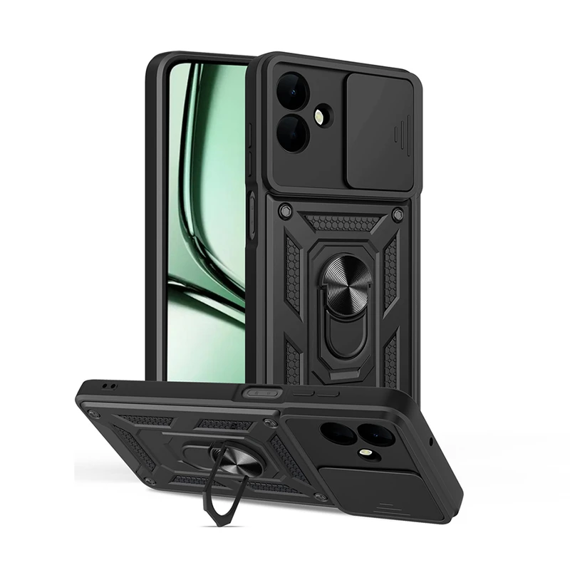 Zore Vega Samsung Galaxy A07 Sürgülü Kamera Korumalı Magnetik Standlı Siyah Kılıf