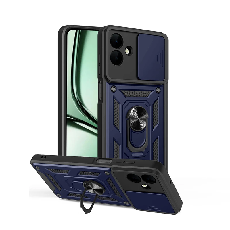 Zore Samsung Galaxy A07 Sürgülü Vega Magnetik Standlı Kamera Korumalı Mavi Kılıf
