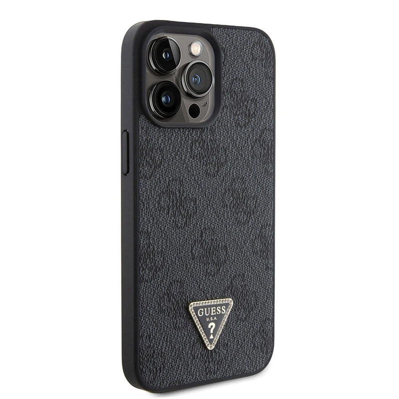 Guess Apple iPhone 15 Pro Max Lisanslı PU Deri Taşlı Üçgen Logo 4G Desenli Kılıf