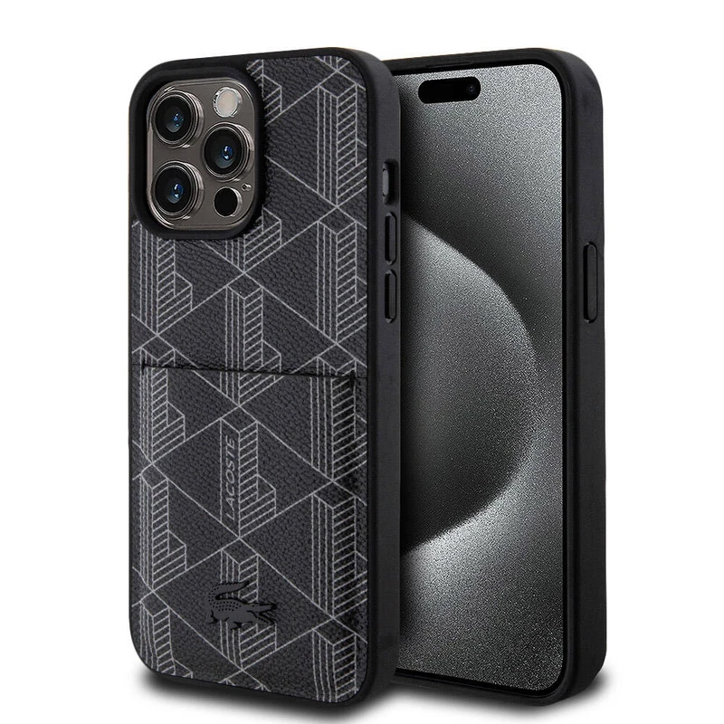 Lacoste Apple iPhone 15 Pro Max Lisanslı MagSafe Kartlıklı PU Deri Görünümlü Monogram Desenli Kılıf