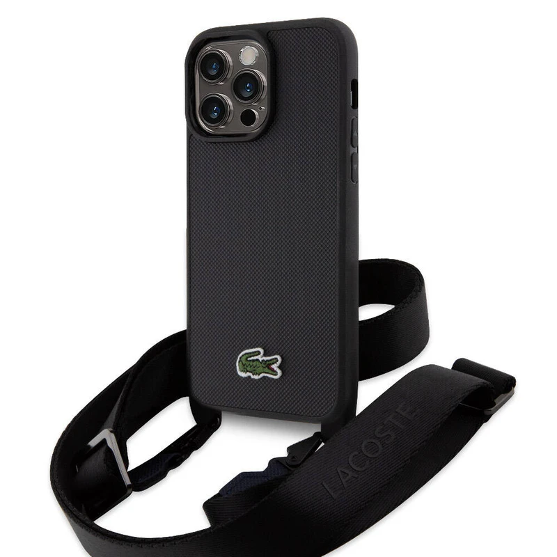 Lacoste Apple iPhone 15 Pro Max Lisanslı PU Pike Desenli Askılı Timsah Logolu Kılıf