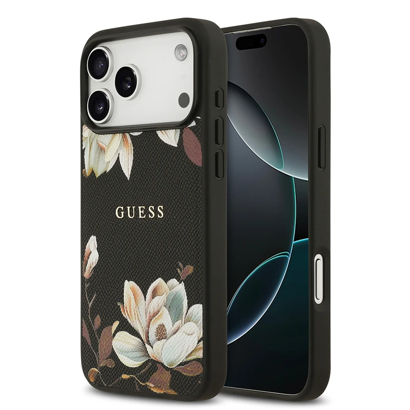 Guess Apple iPhone 17 Pro Max M-Safe Şarj Özellikli Taneli Çiçek Tasarımlı Metal Yazı Logolu Kılıf