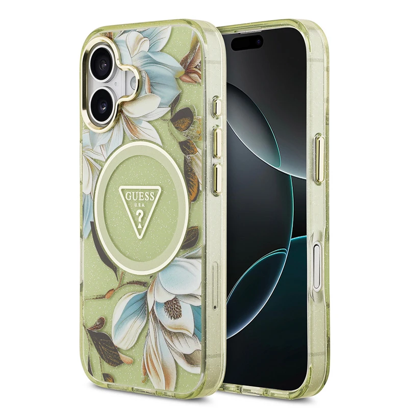 Guess Apple iPhone 17 M-Safe Şarj Özellikli Simli Çiçek Desenli Metal Kamera Çerçeveli Üçgen Logolu Kılıf