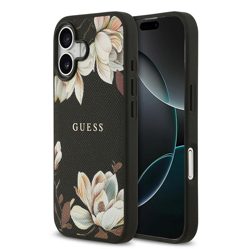 Guess Apple iPhone 17 M-Safe Şarj Özellikli Taneli Çiçek Tasarımlı Metal Yazı Logolu Kılıf