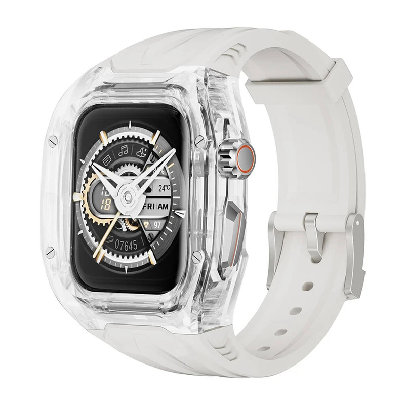 Wiwu Wi-WB013 Rambo Serisi Apple Watch 7 45mm 2in1 Şeffaf PC Kasa Koruyuculu Kauçuk Kordon
