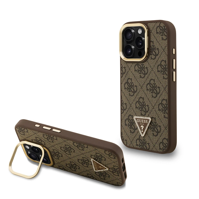 Guess Apple iPhone 15 Pro Max Orjinal Lisanslı PU Deri Taşlı Üçgen Logo 4G Desenli Kamera Standlı Kılıf
