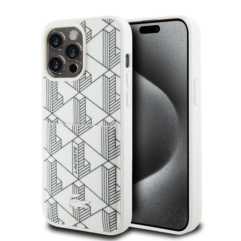 Lacoste M-Safe PU Deri Görünümlü Kartlıklı Monogram Desenli Apple iPhone 15 Pro Max Kılıf
