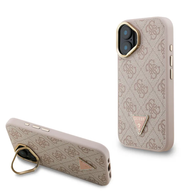 Guess Apple iPhone 16 Orijinal Lisanslı PU Deri Taşlı Üçgen Logo 4G Desenli Kamera Standlı Kılıf
