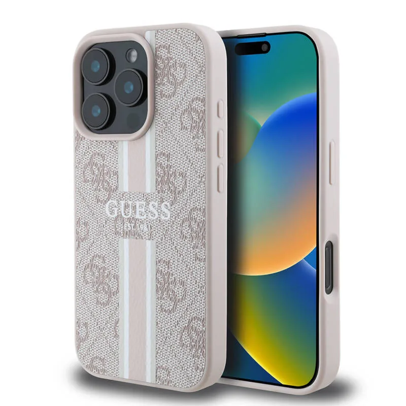 Guess Orjinal Lisanslı M-Safe Şarj Özellikli 4G Şerit Tasarımlı Printed Apple iPhone 16 Pro Max Kılıf