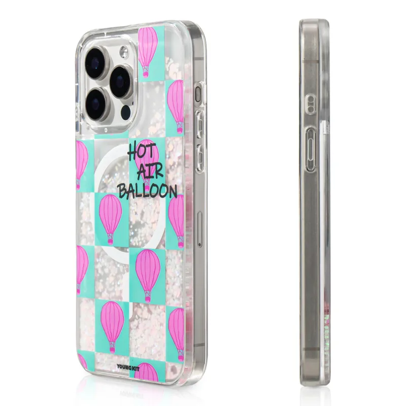 Youngkit Pink Dream Quicksand Serisi M-Safe Şarj Özellikli Parlak Kumlu Sıvılı Apple iPhone 16 Pro Max Pembe Kılıf