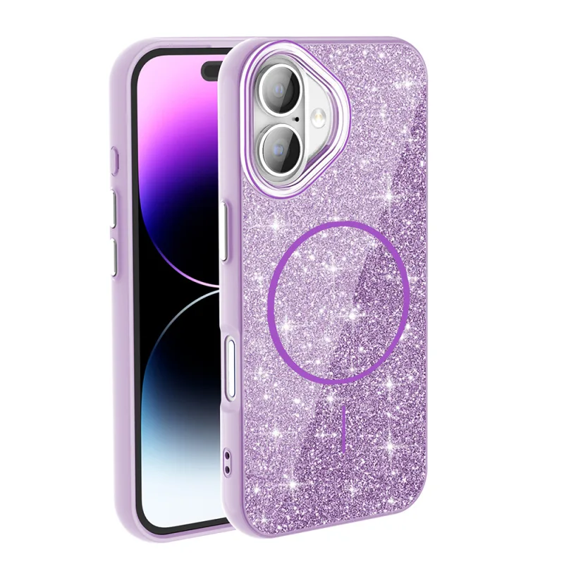Zore Okso Apple iPhone 16 M-Safe Şarjlı Parlayan Simli Kılıf