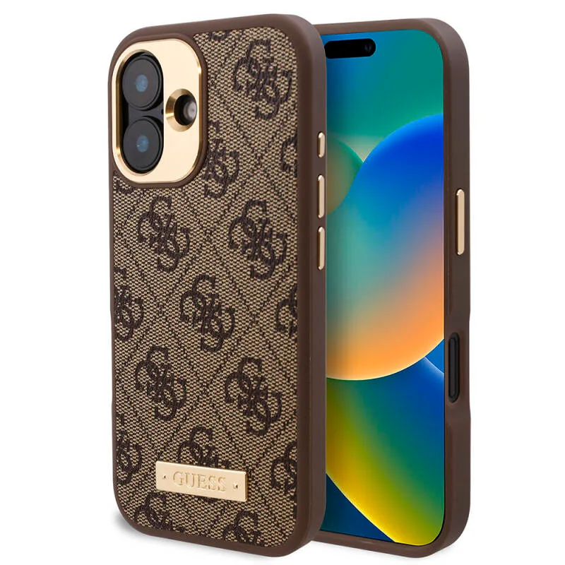 Guess Apple iPhone 16 Orijinal Lisanslı M-Safe Şarjlı PU 4G Desenli Metal Plakalı Klasik Logolu Kılıf