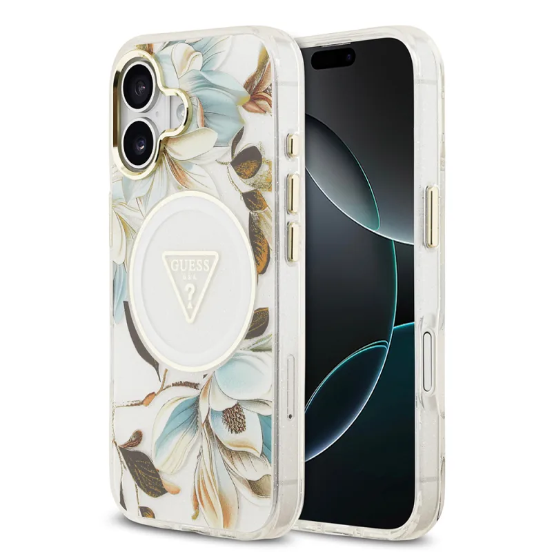 Guess Apple iPhone 17 M-Safe Şarj Özellikli Simli Çiçek Desenli Kılıf