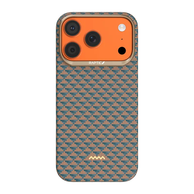 Raptic Apple iPhone 17 Pro Aramid Skin Origin Serisi M-Safe Şarj Özellikli Karbon Kılıf Gold-Mavi