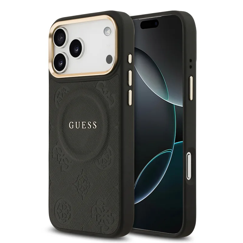 Guess Apple iPhone 17 Pro Max M-Safe Şarj Özellikli PU Deri Peony Yazı Logolu Kılıf Siyah