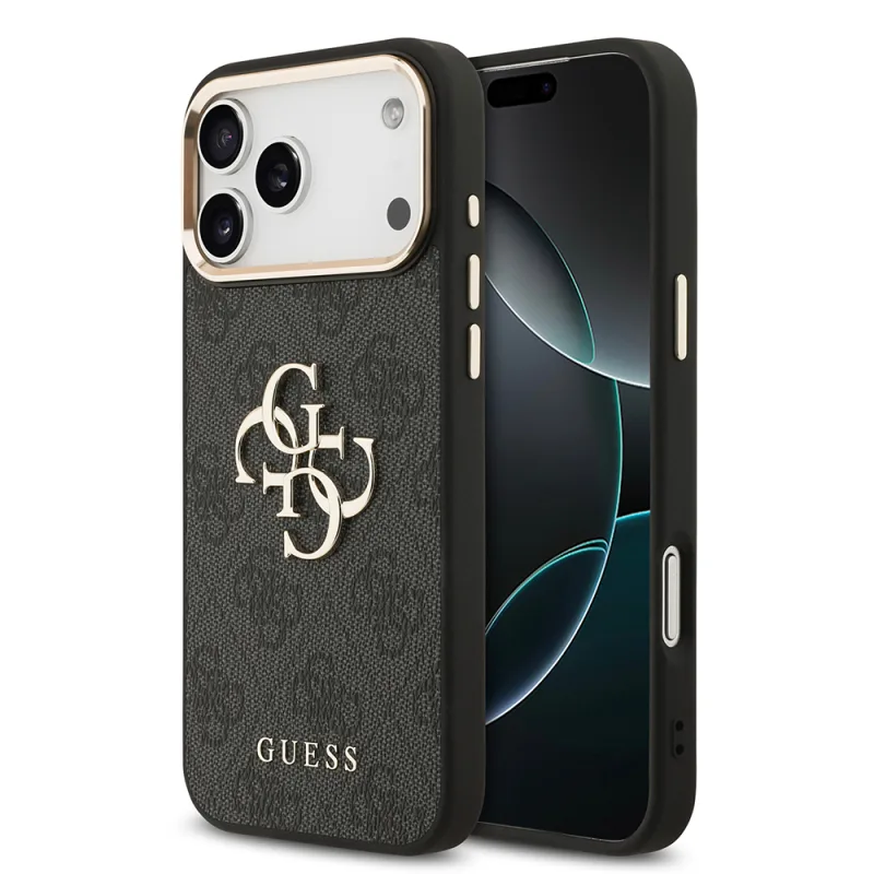 Guess Apple iPhone 17 Pro Max Gold Metal Kamera Çerçeveli 4G Desenli Metal 4G ve Yazı Logolu Kılıf Siyah